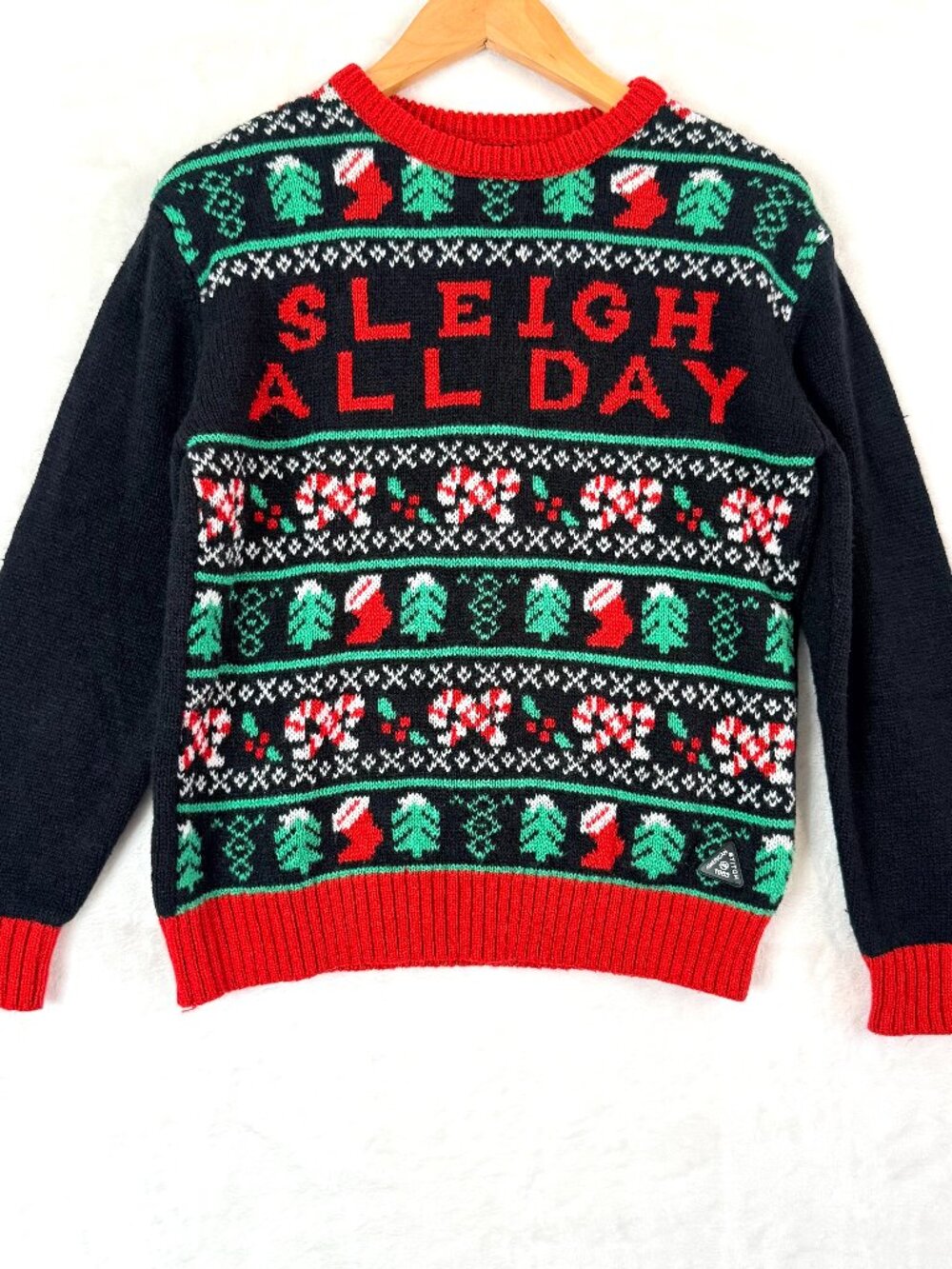 Sleigh All Day Fun Holiday Party Ugly Christmas Crew Neck Sweater Womens M
